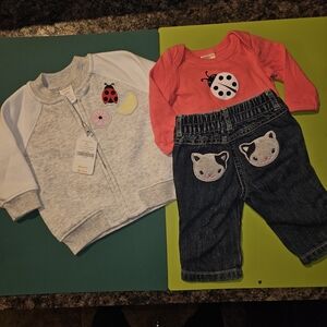 Gymboree New Gray Baby Jacket with Ladybug and Lemon Patches, Shirt & JEANS